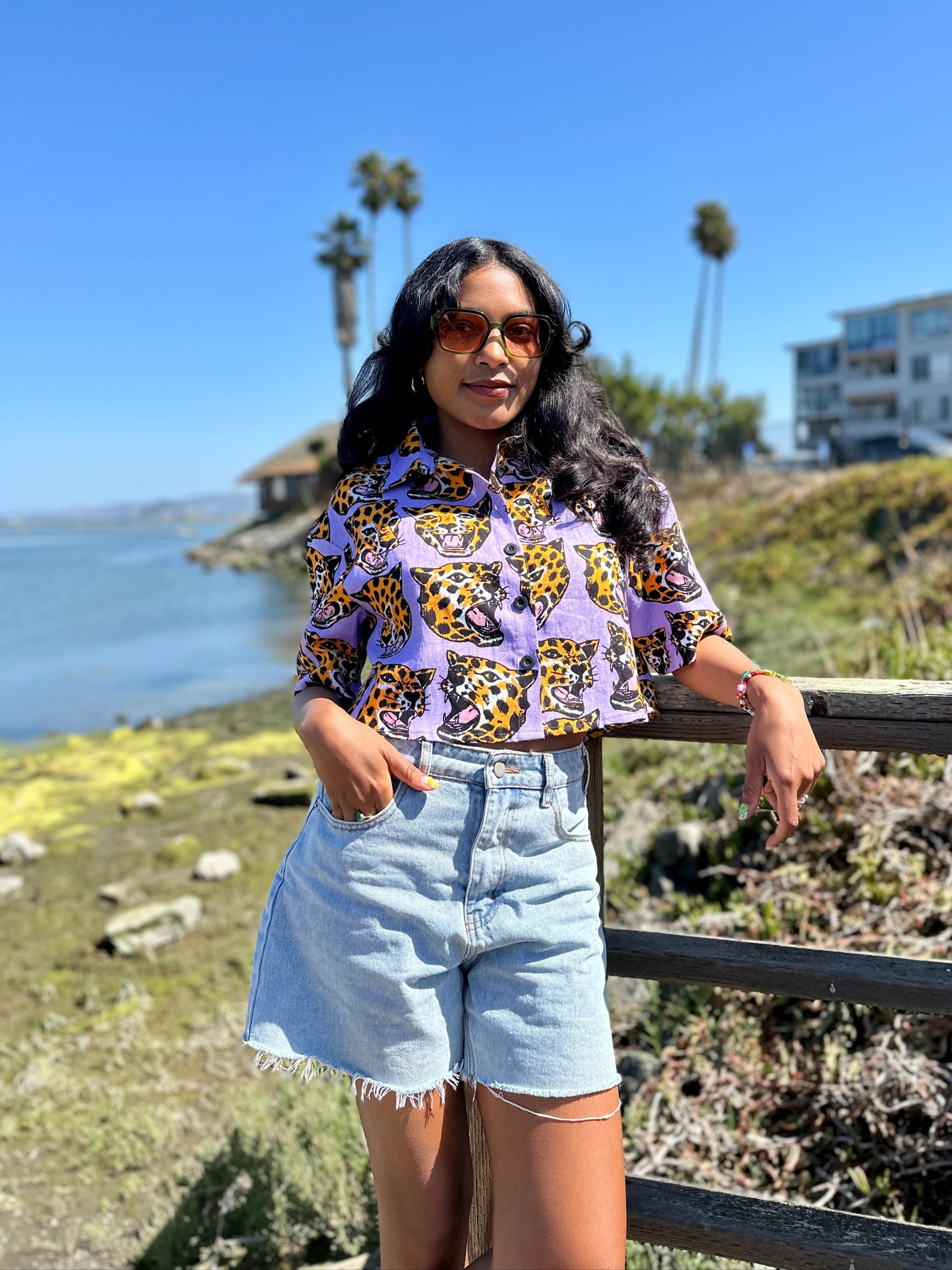 Linen Olivia Top Cheetah Head