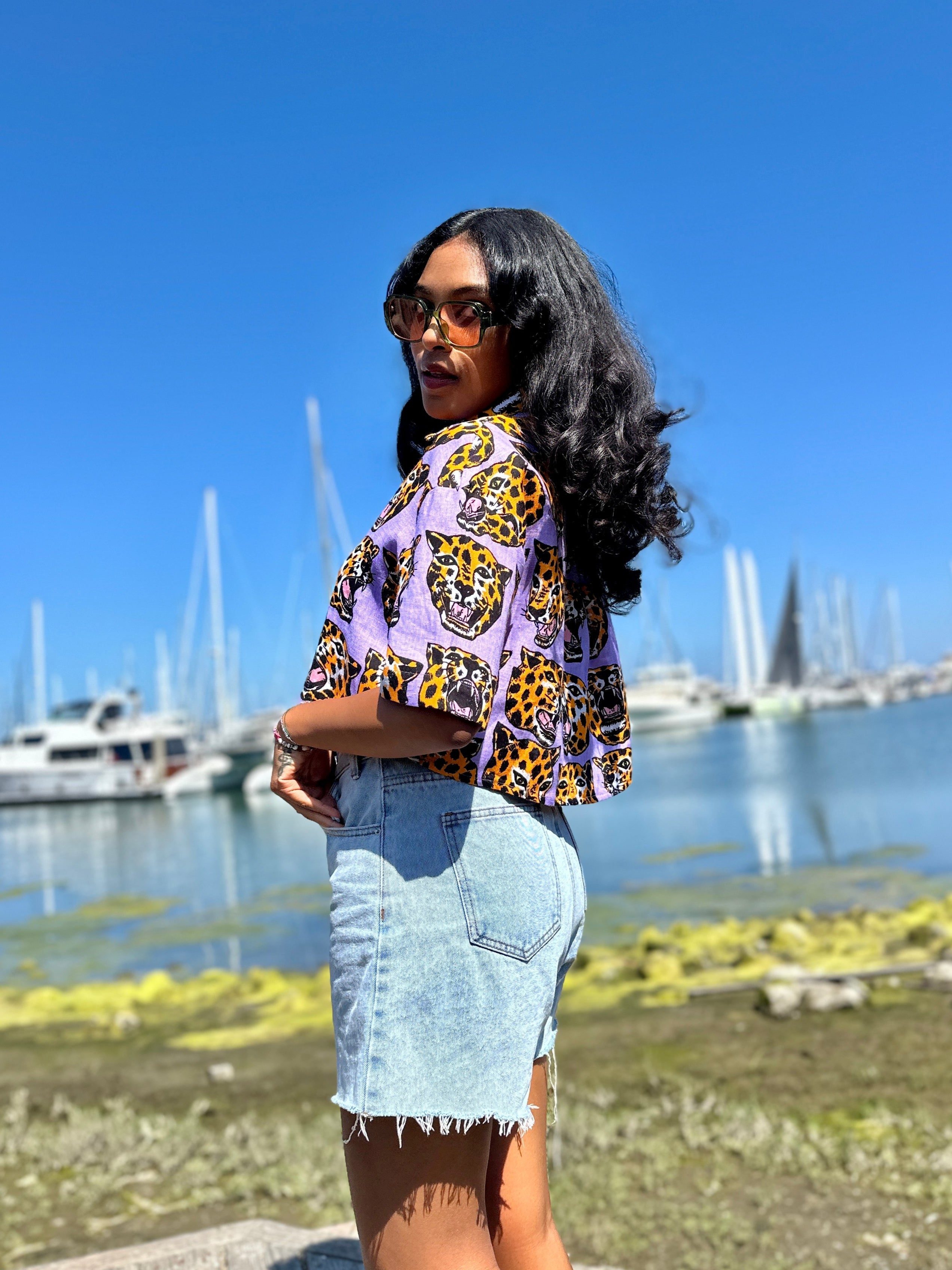 Linen Olivia Top Cheetah Head