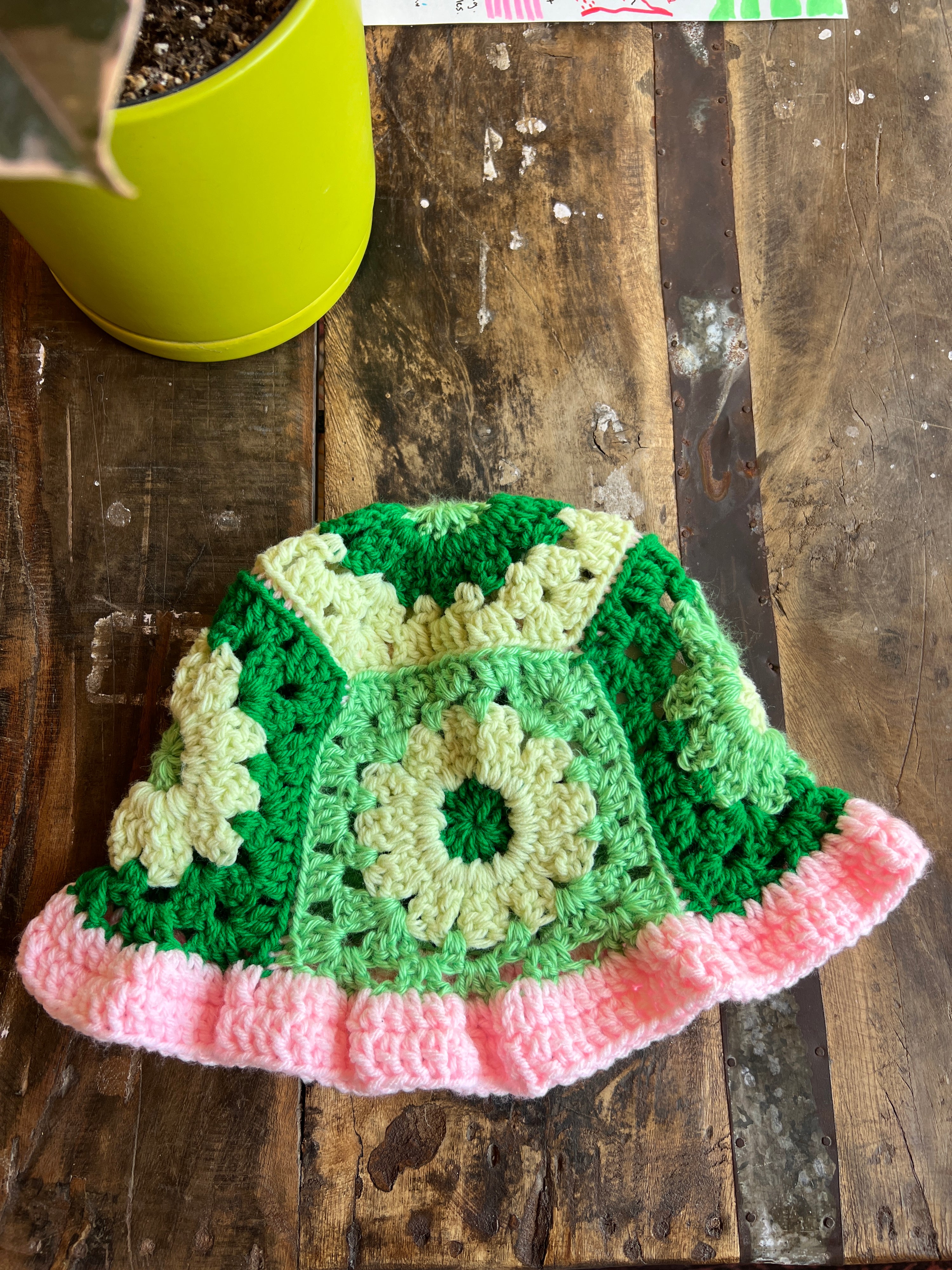 Bev Made Crochet Bucket hat/ Green and Pink