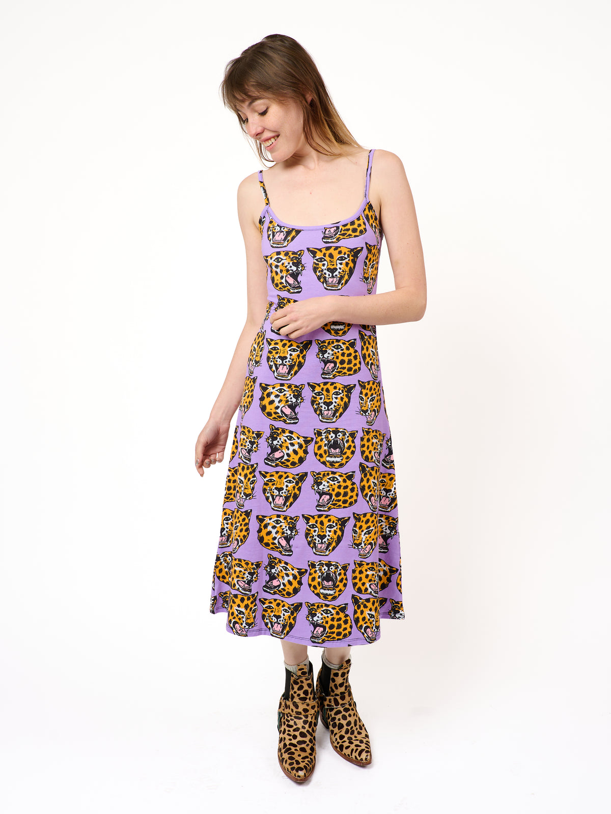 Spaghetti Slip Dress Cheetah Head