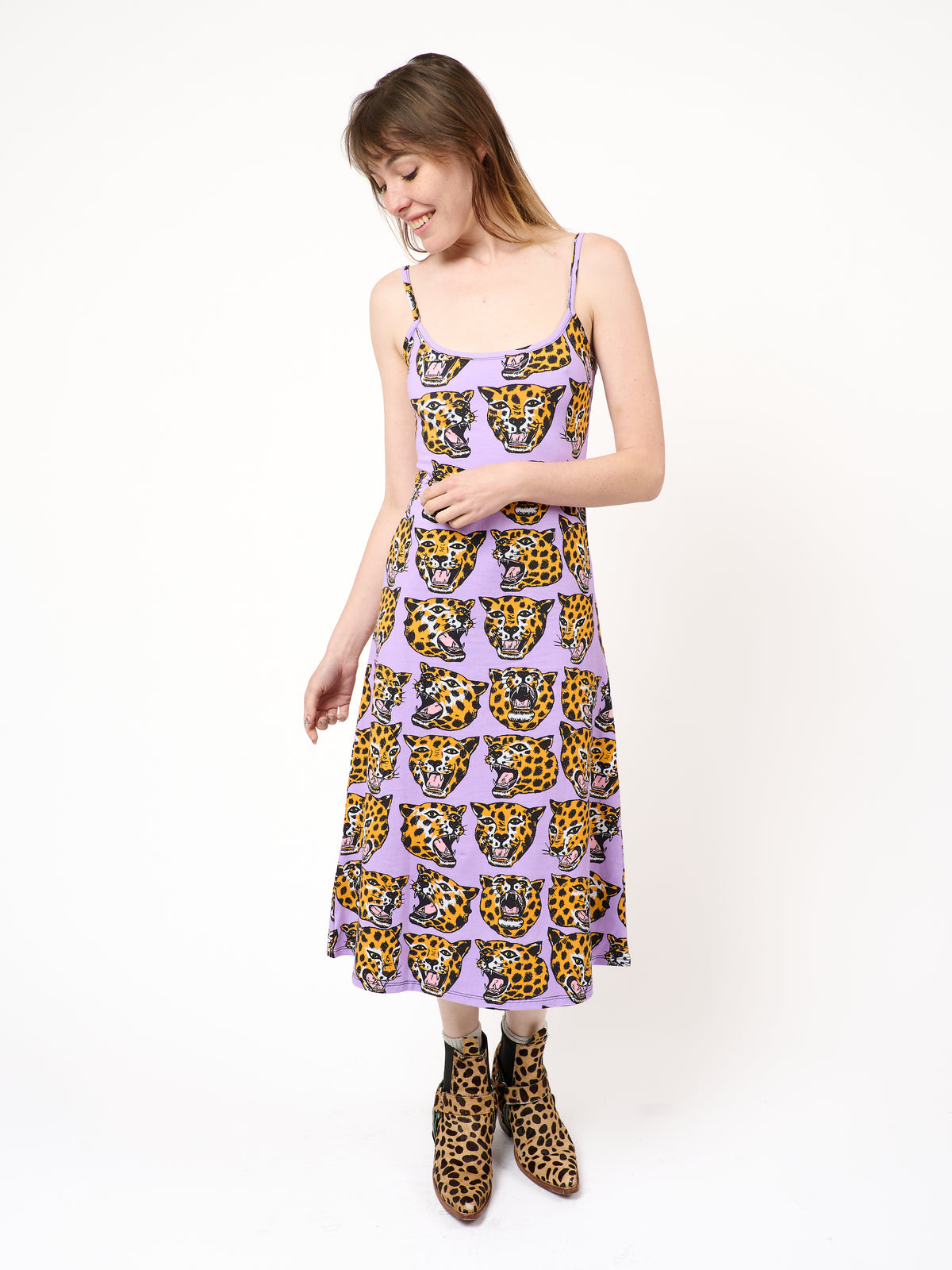 Spaghetti Slip Dress Cheetah Head