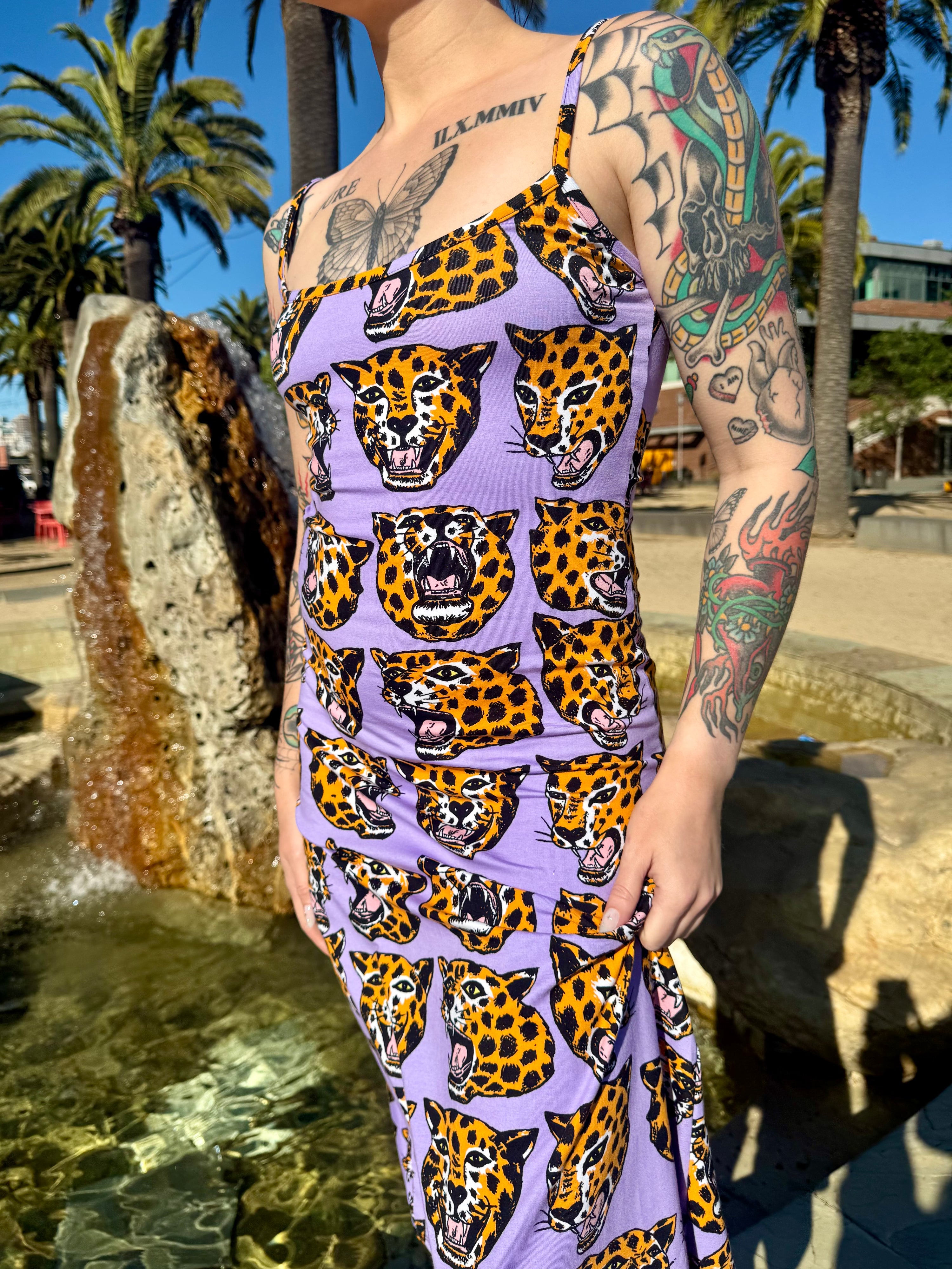 Spaghetti Slip Dress Cheetah Head