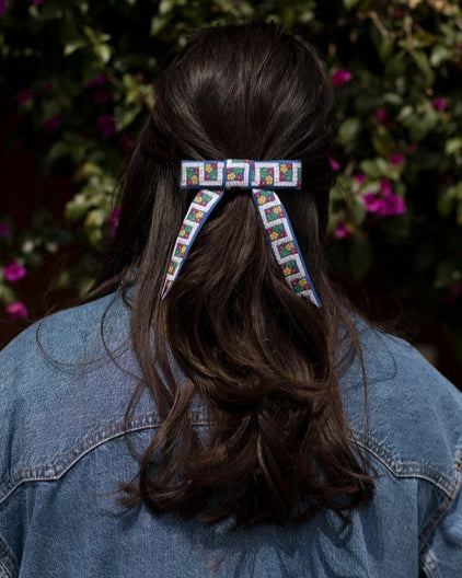 Blue Floral Geometric Hair Bow Clip