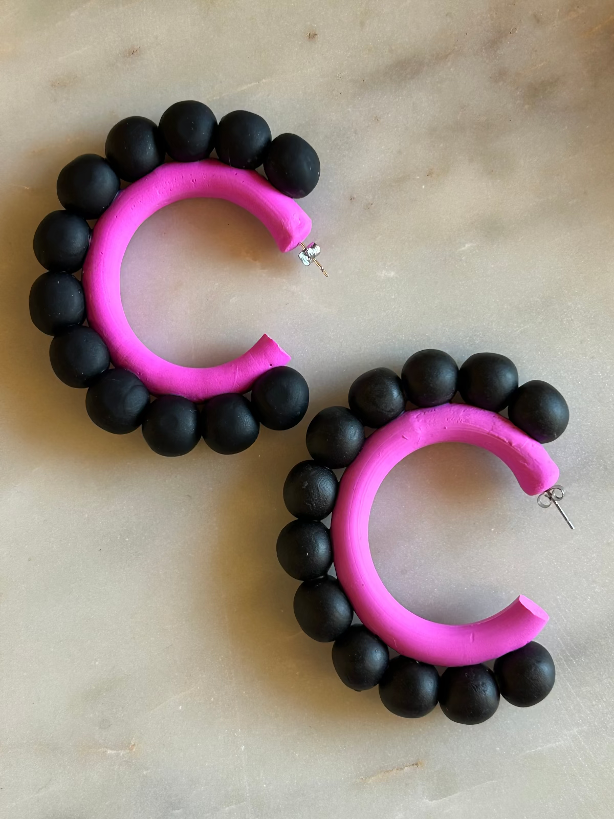 Pom Pom Earrings - Pink & Black