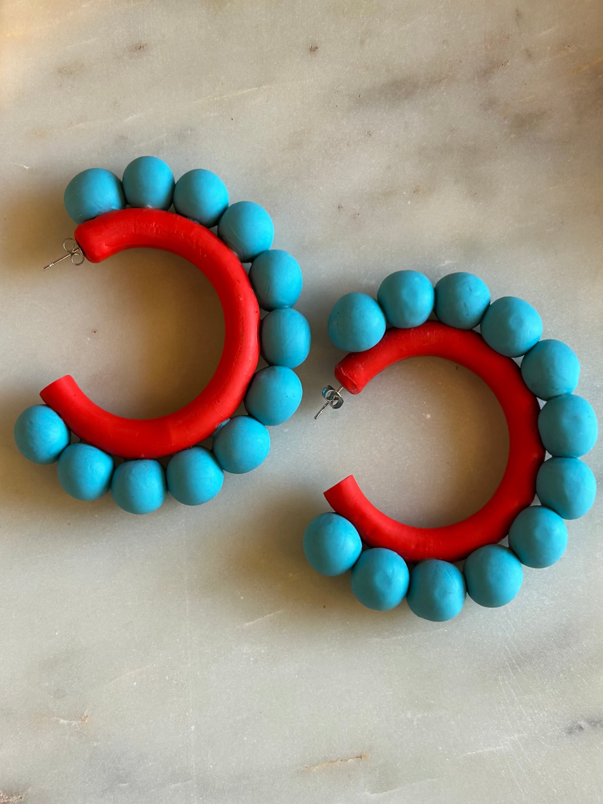 Pom Pom Earrings - Red & Turquoise