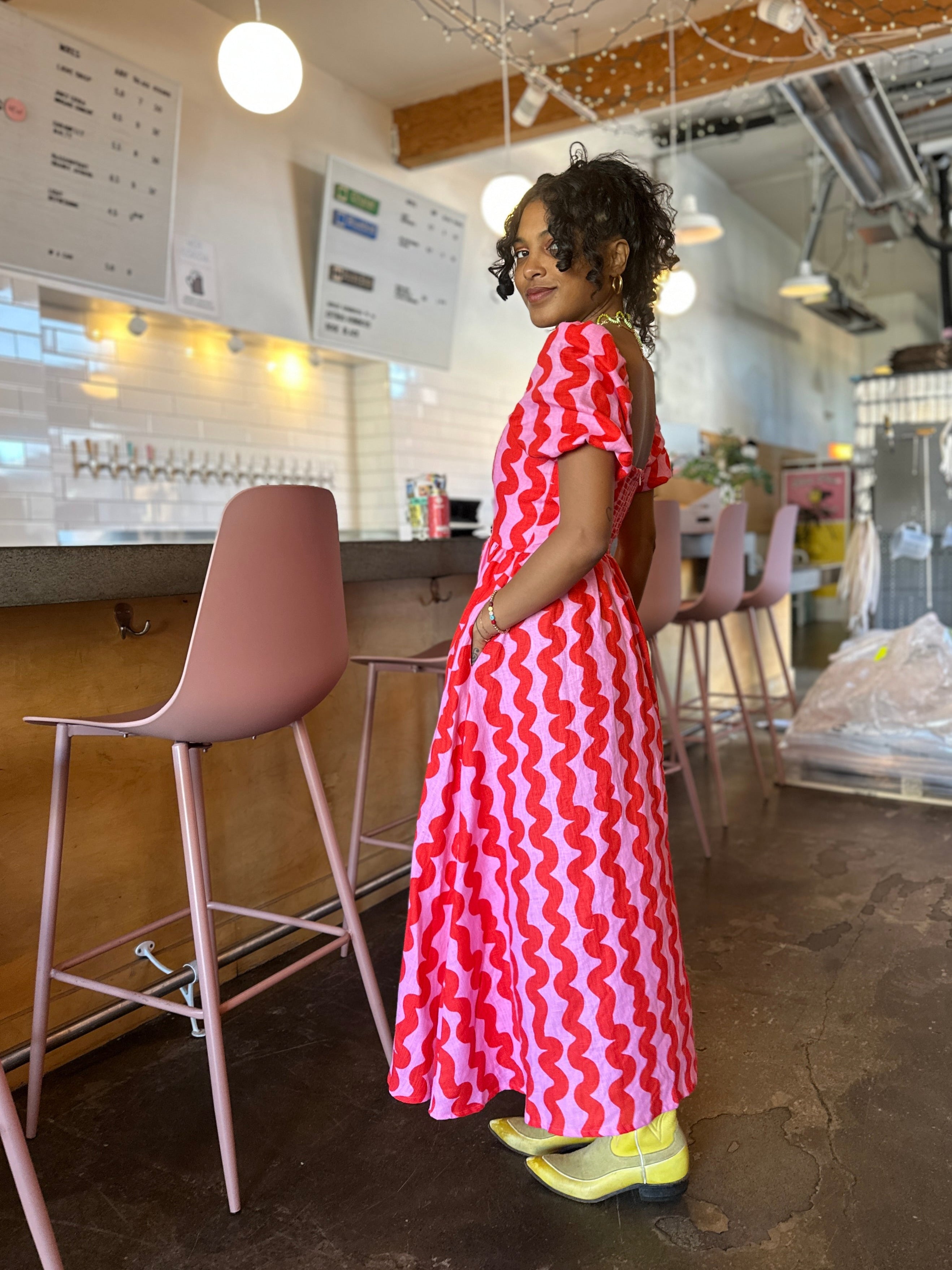 Linen Princess Dress Pink Squiggle