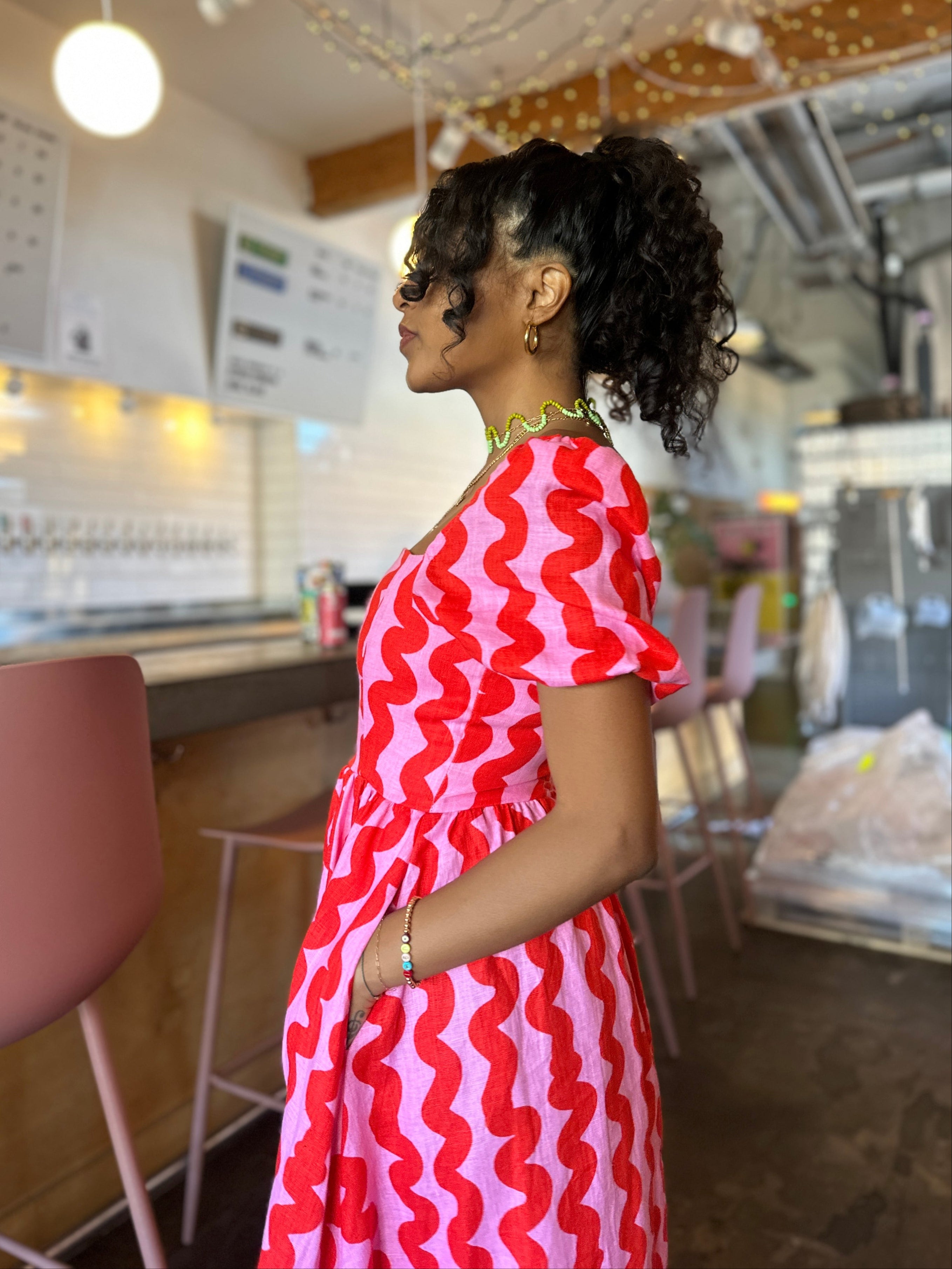 Linen Princess Dress Pink Squiggle