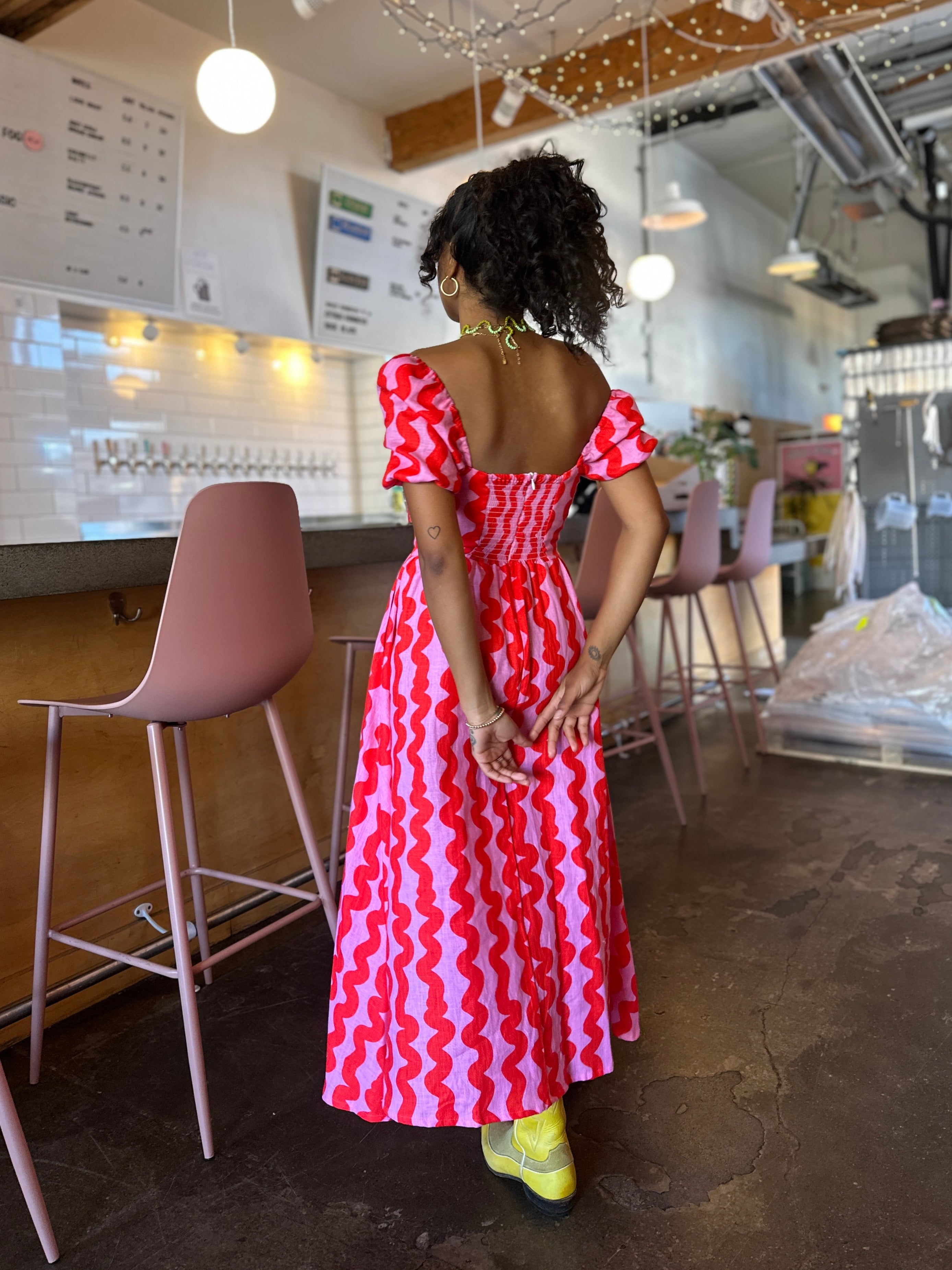 Linen Princess Dress Pink Squiggle