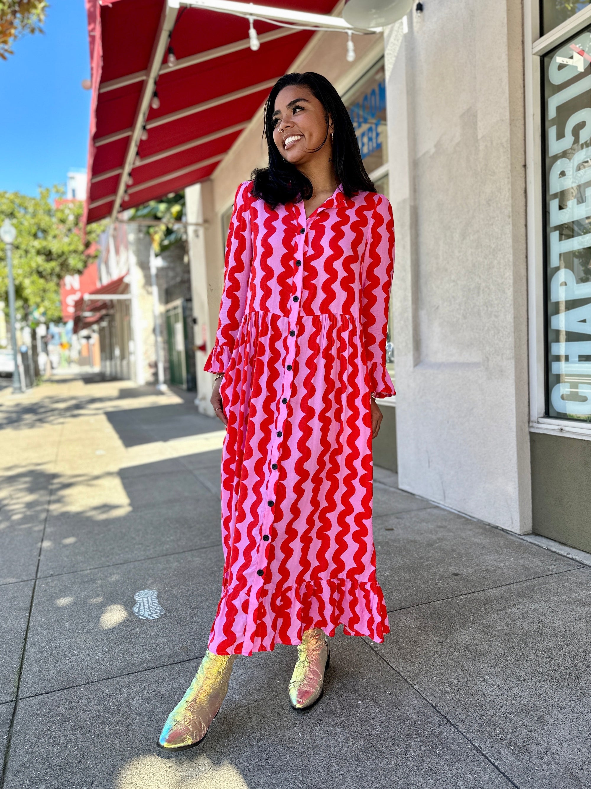 Olive Dress Pink Squiggle