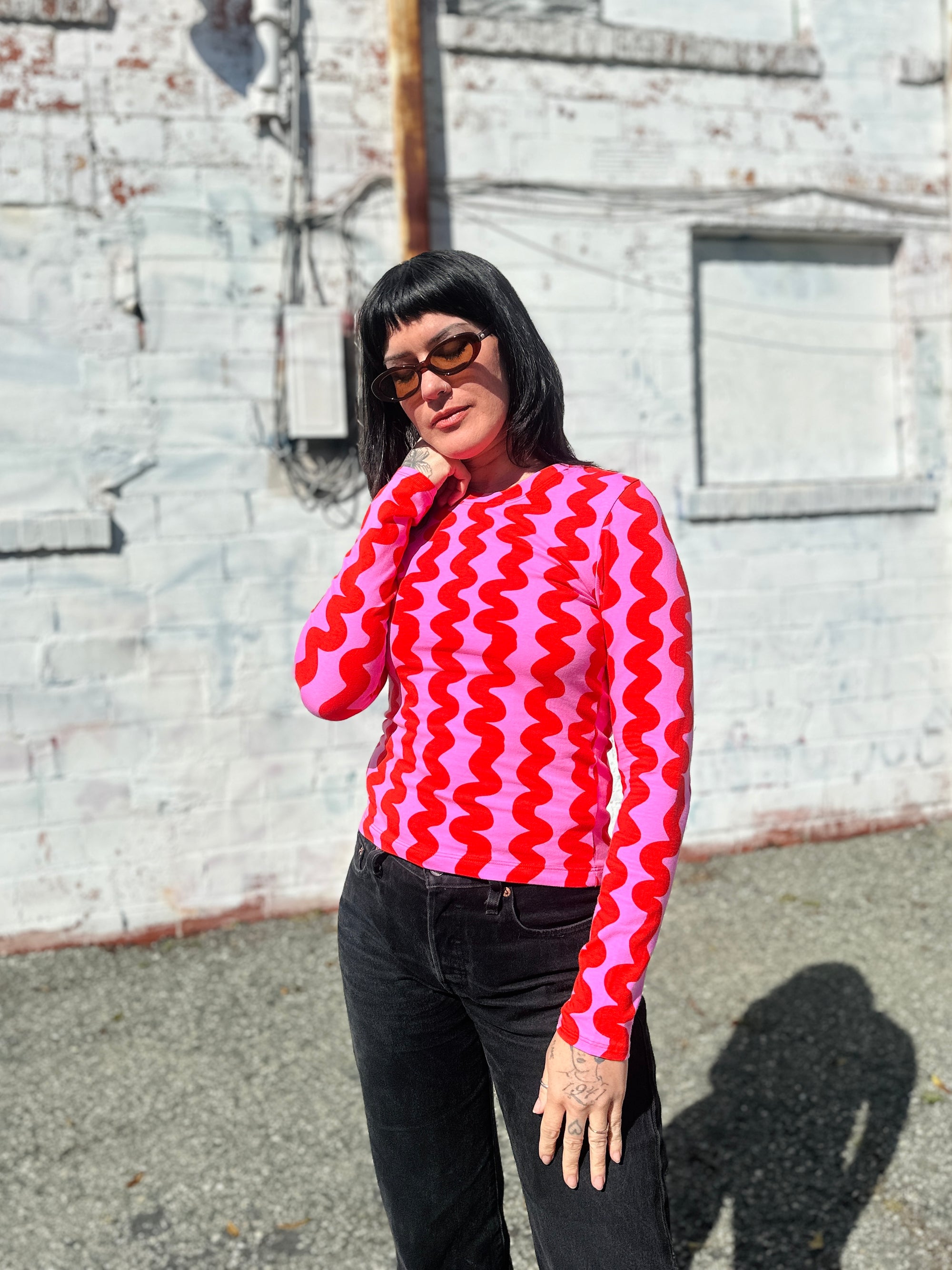 Long Sleeve Tee Pink Squiggle