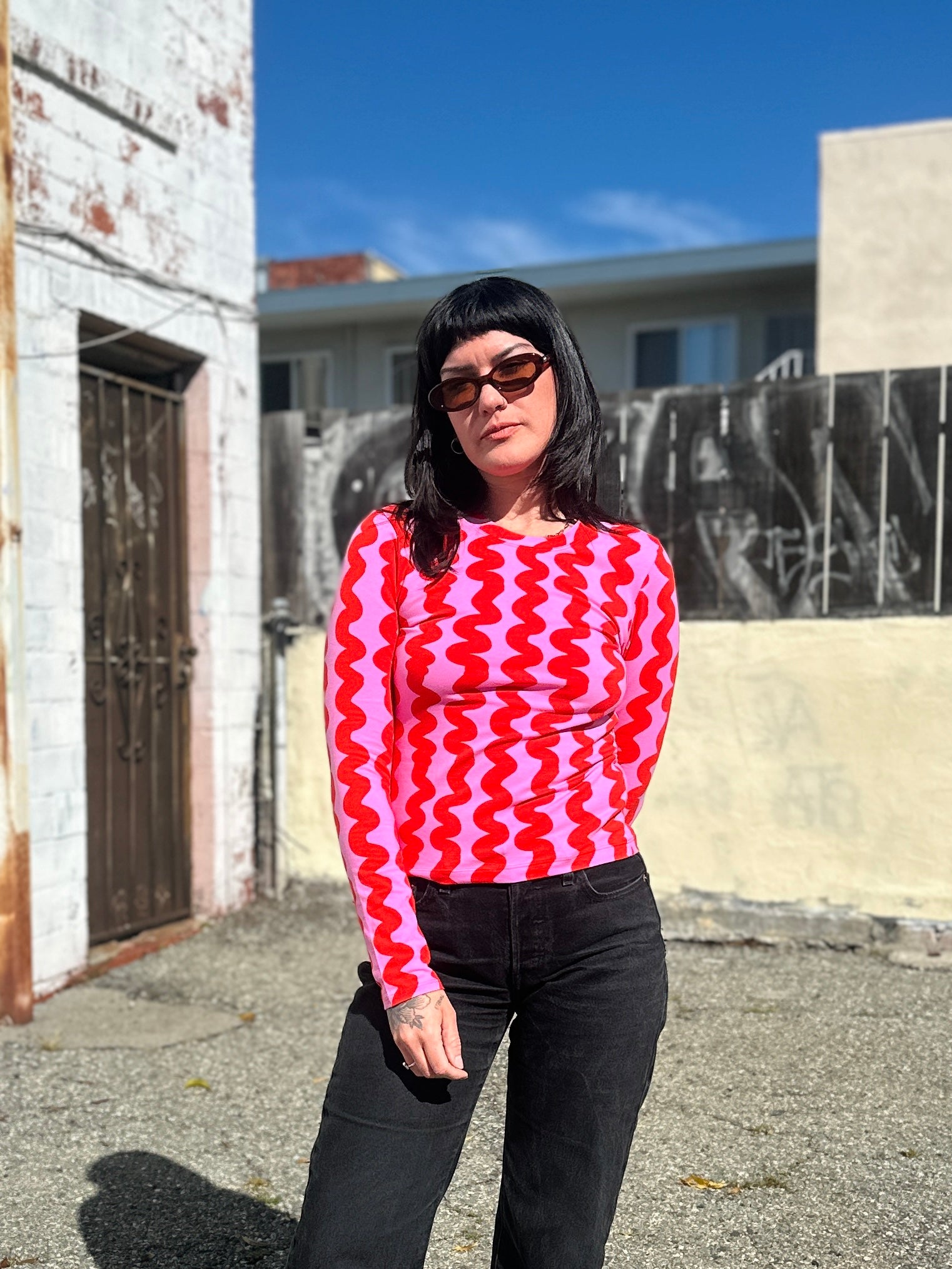 Long Sleeve Tee Pink Squiggle