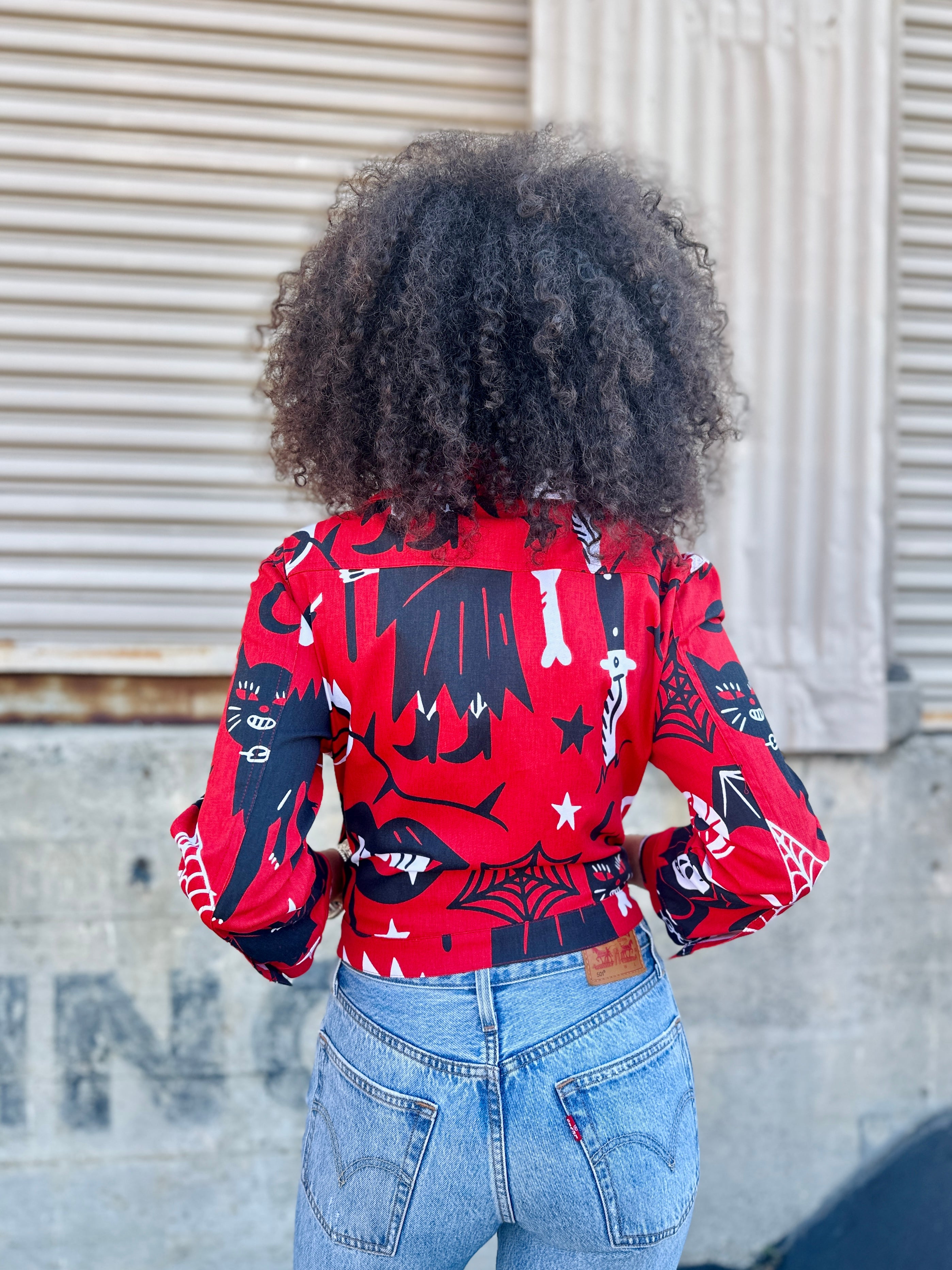 Denim Jacket Black And Red Floral Skater Skirt Red Distressed