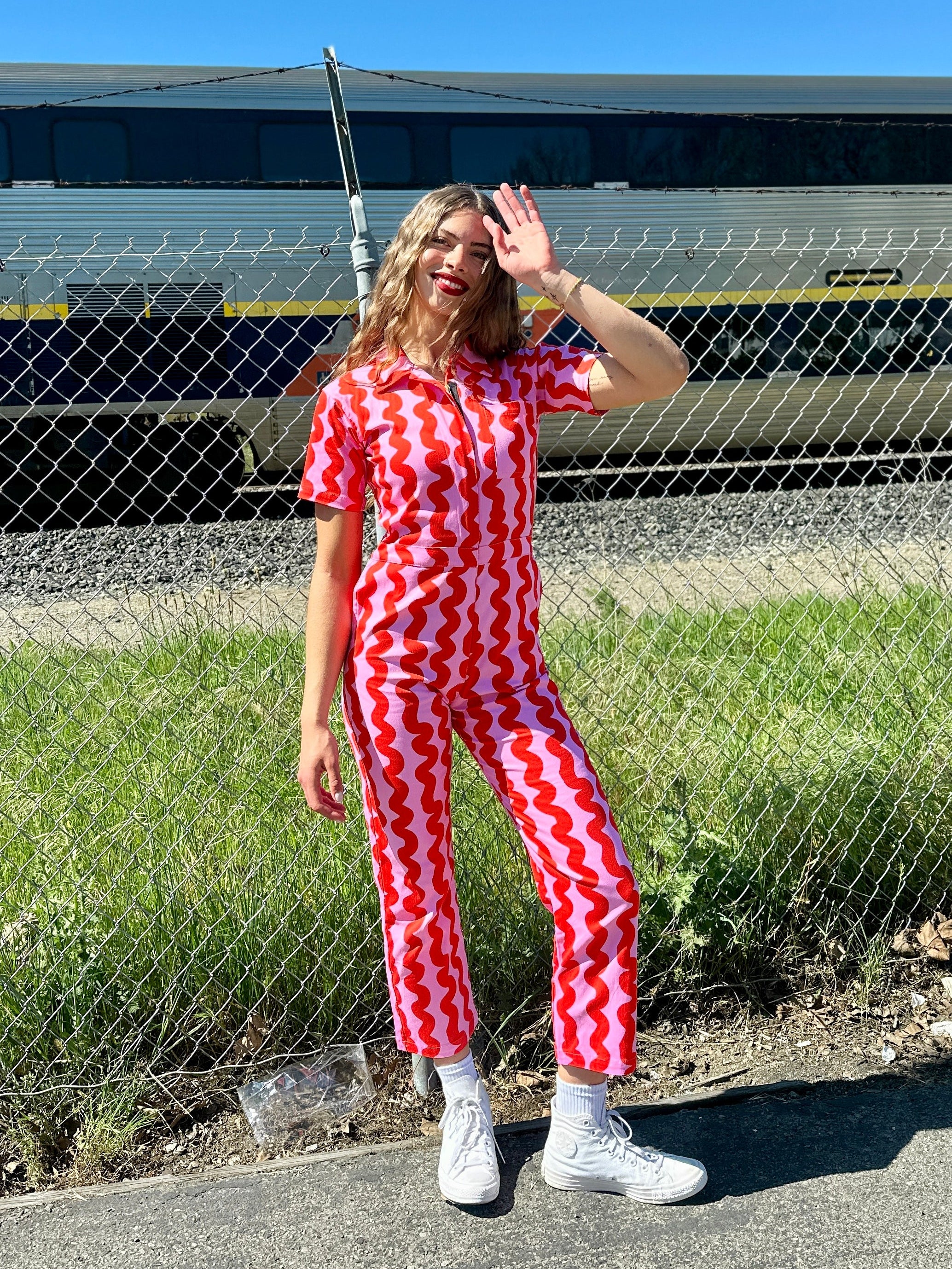 Twill Coveralls Pink Squiggle