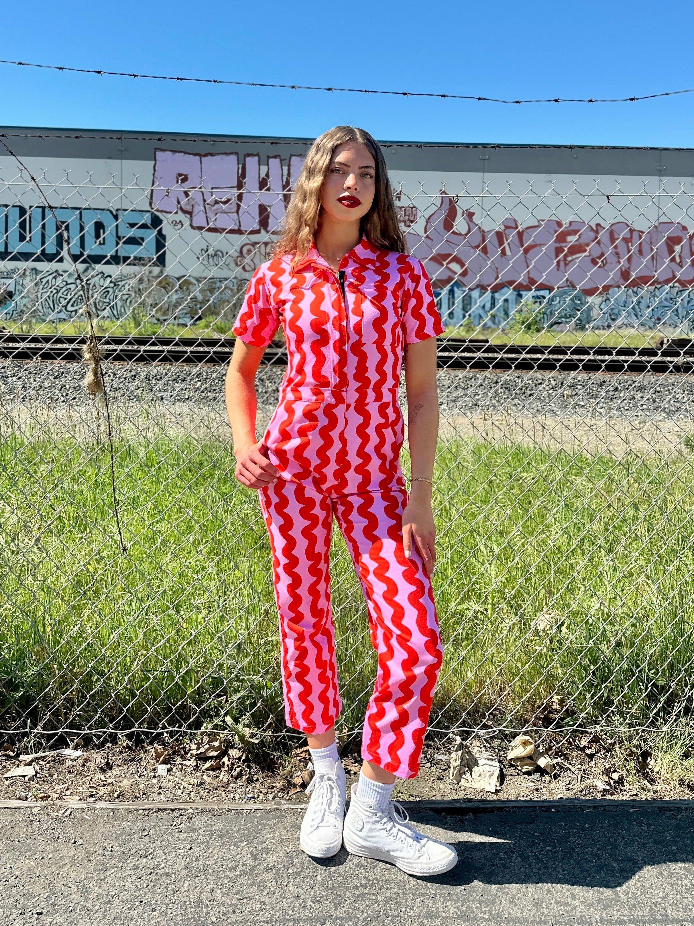 Twill Coveralls Pink Squiggle