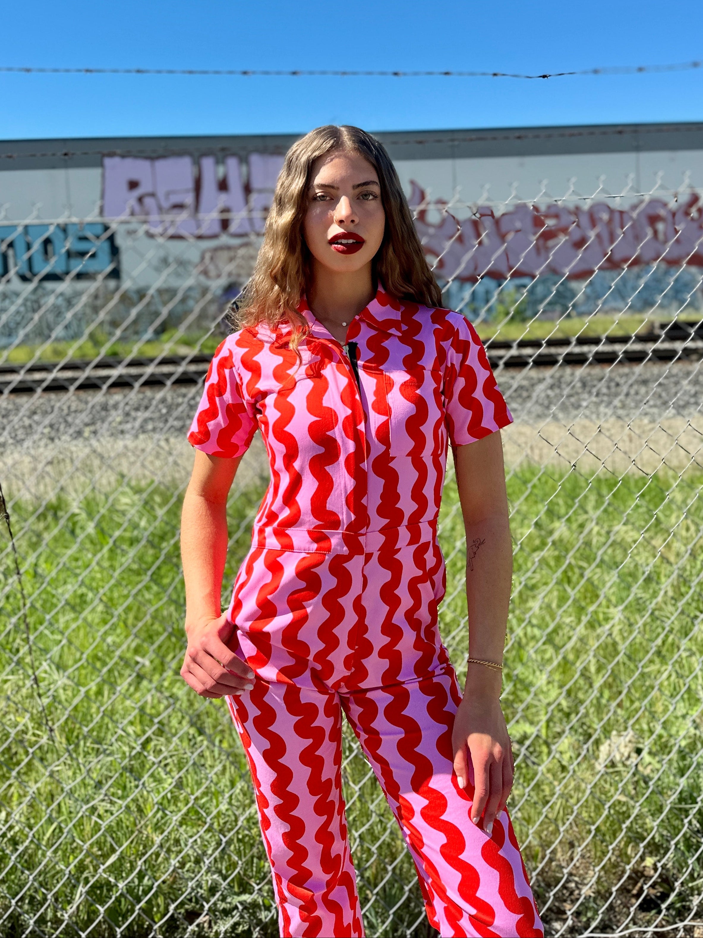 Twill Coveralls Pink Squiggle