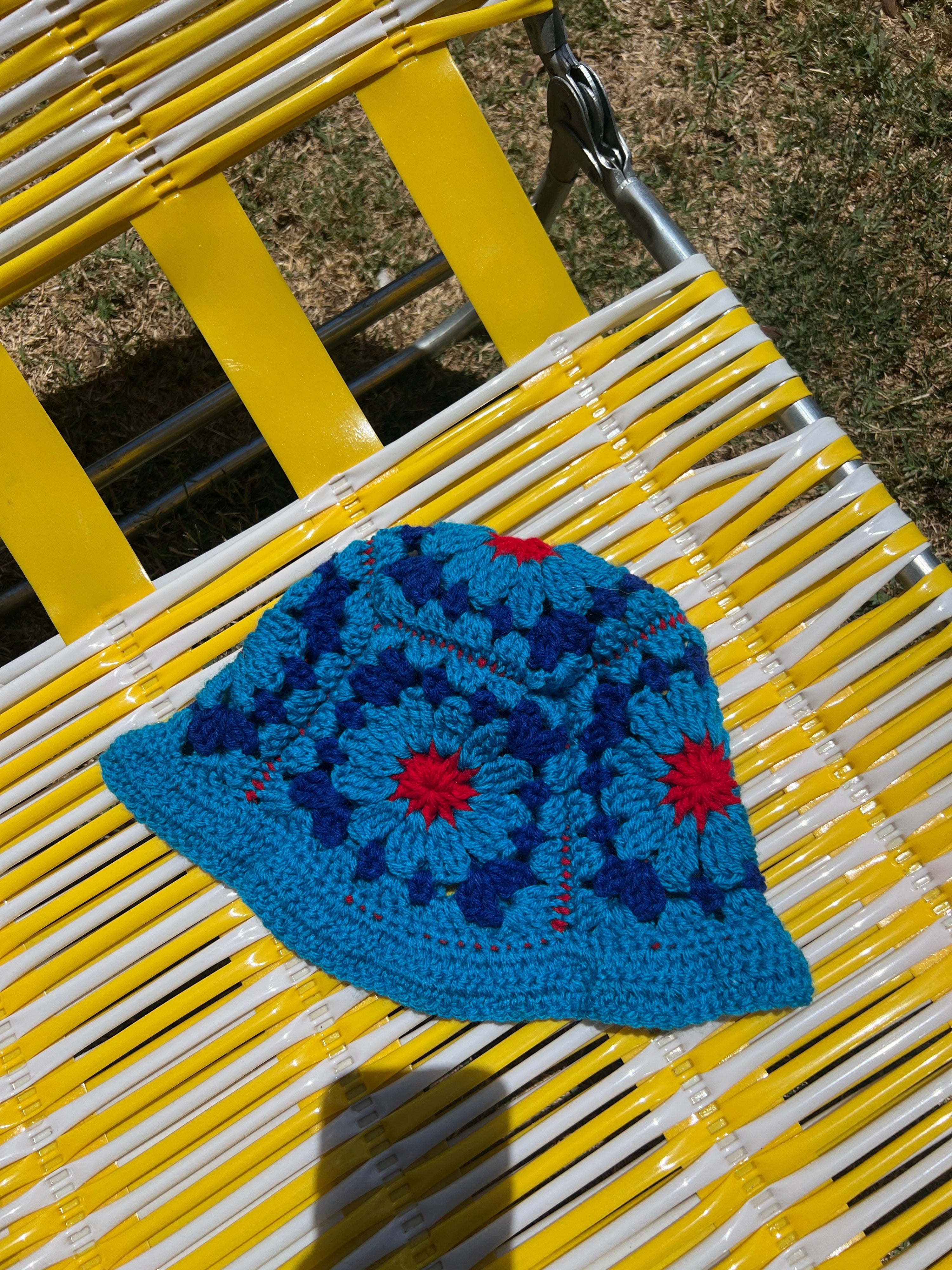 Bev Made Granny Square Bucket hat/ Jolly Rancher blue