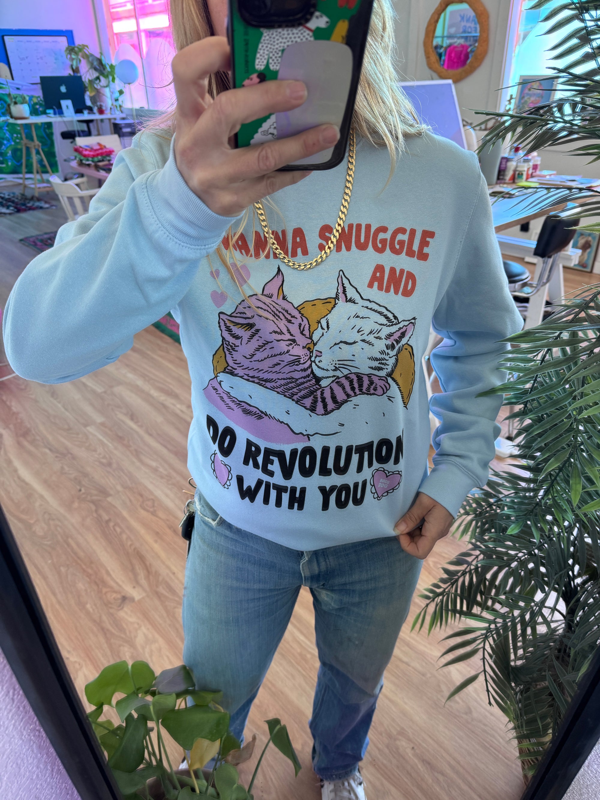 Boss Dog Snuggle and do Revolution sweatshirt