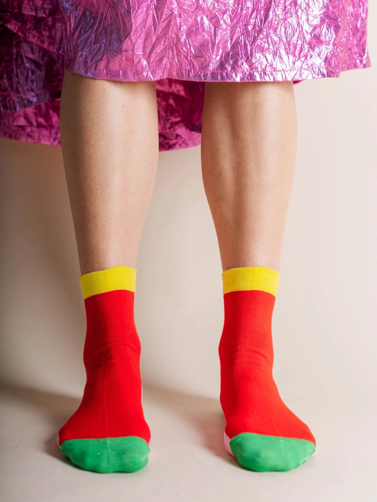 Cotton Ankle Socks - Color Block Red & Pink