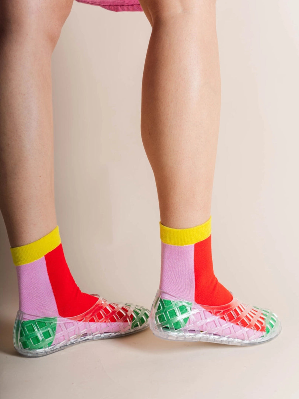Cotton Ankle Socks - Color Block Red & Pink