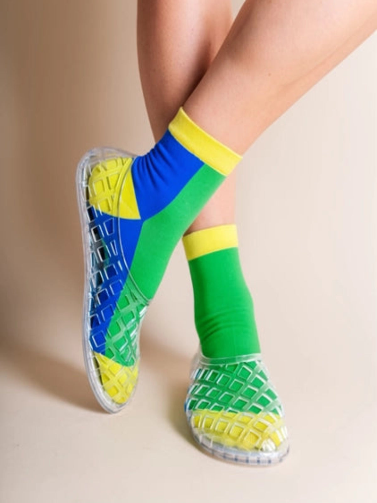 Cotton Ankle Socks - Color Block Green & Blue